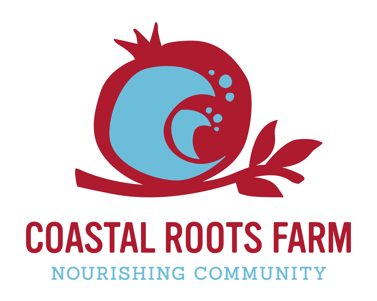 Image of a red pomegranate with blue waves resting on a red olive branch. The words "Coastal Roots Farm Nourishing Community" are written below the image. 