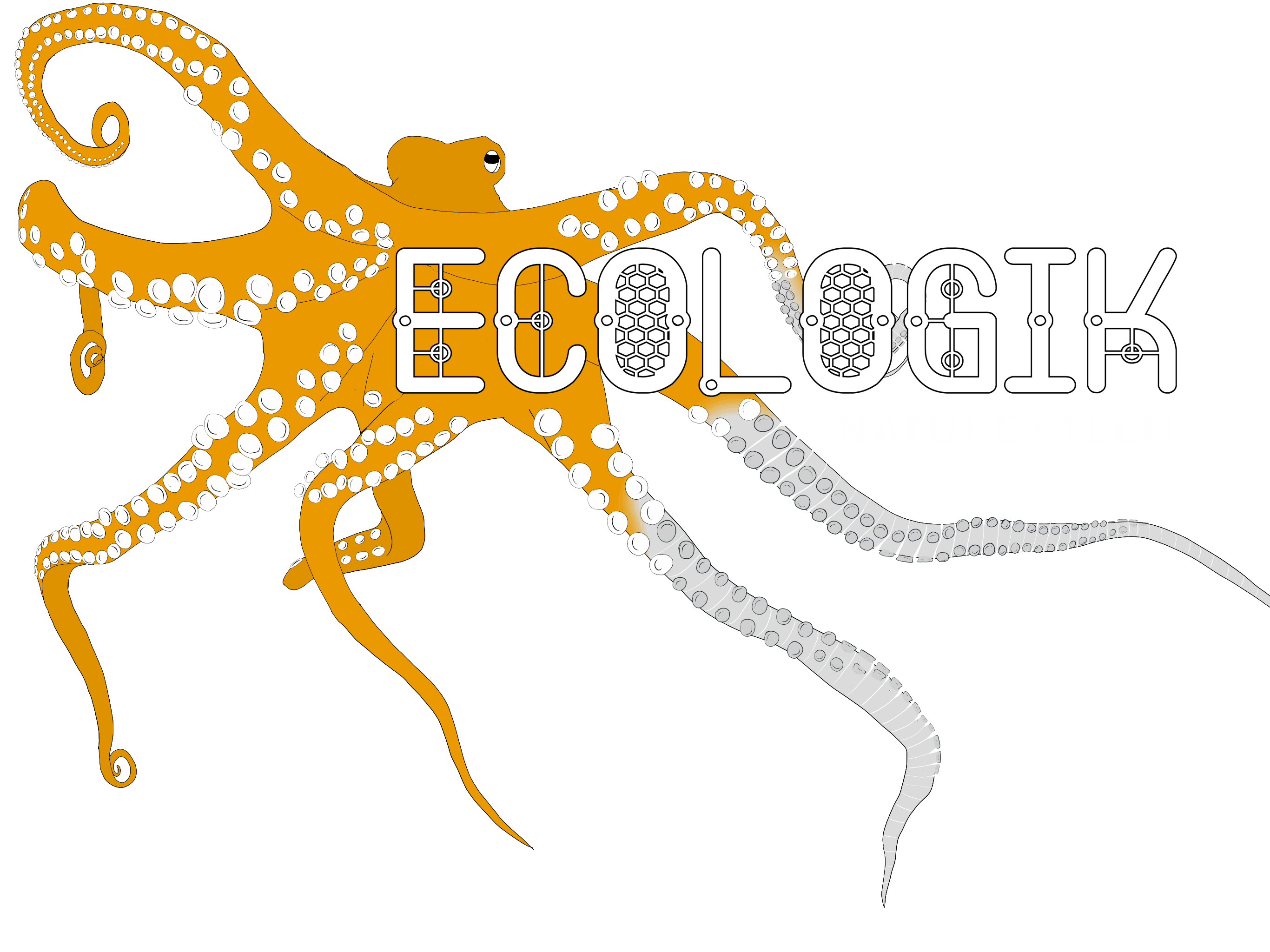 Orange octopus with spread tentacles and the words "Ecologik Nature x Tech" overlaying it.