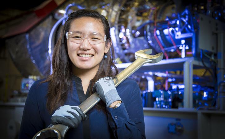 Girl holding large wrench