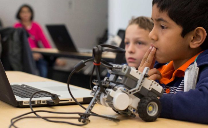 Kids playing with robot