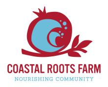 Image of a red pomegranate with blue waves resting on a red olive branch. The words "Coastal Roots Farm Nourishing Community" are written below the image. 
