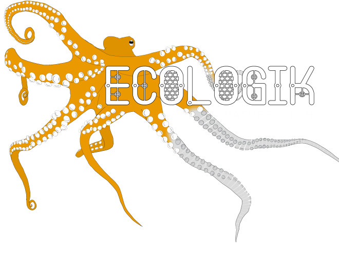 Orange octopus with spread tentacles and the words "Ecologik Nature x Tech" overlaying it.